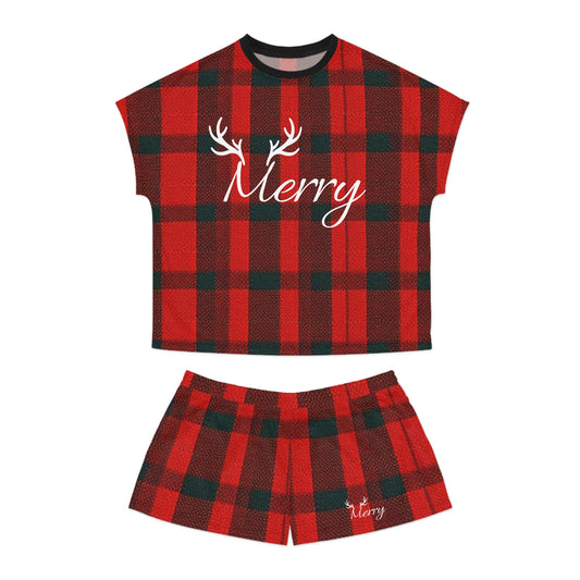 Merry Christmas Red Plaid Women's Short Pajama Set (AOP)