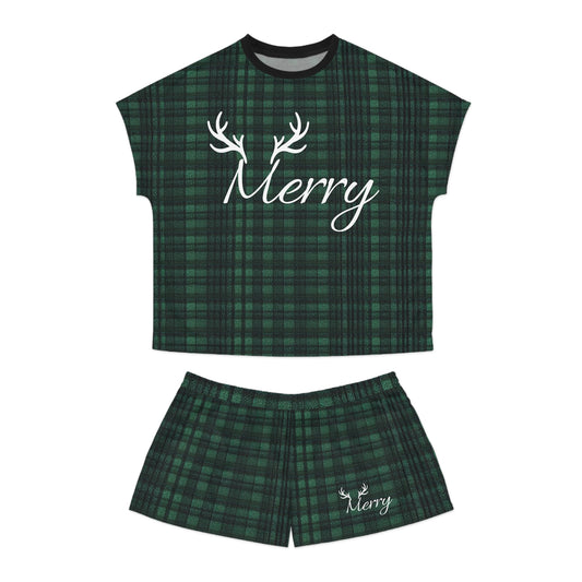 Merry Christmas Green Plaid Women's Short Pajama Set (AOP)